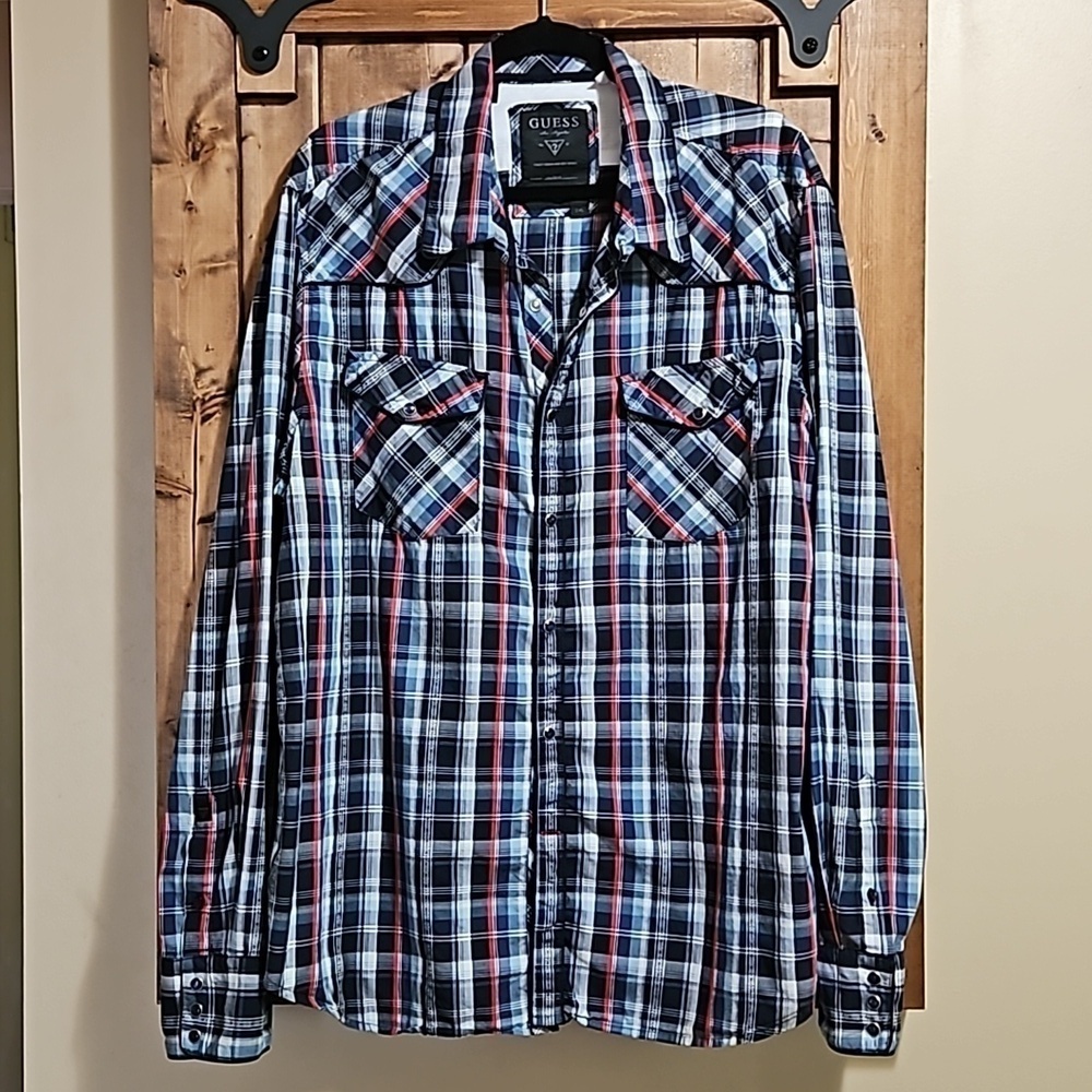 Guess Western Blue Red White Plaid Snap Button Long Sleeve Shirt Men's  2XL
